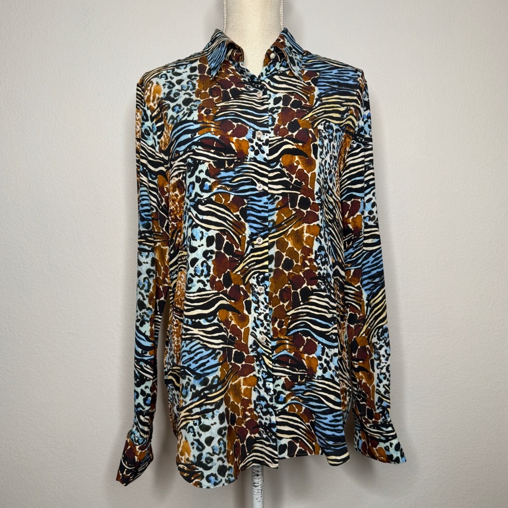 Robert Graham Silk Blend Animal Print Button Down Shirt Blue Brown Size M